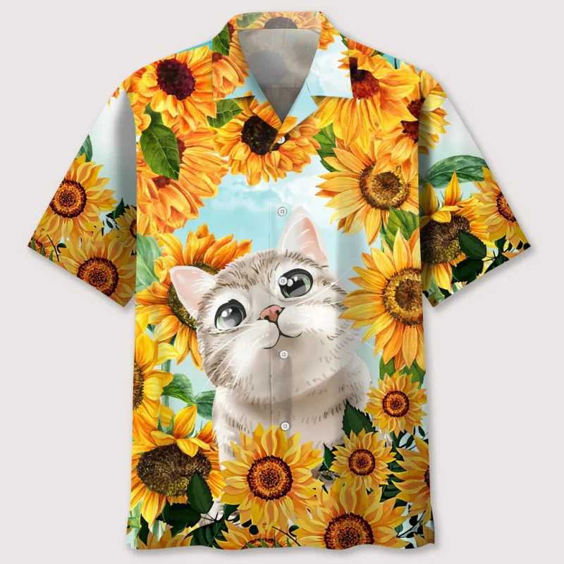 Interesting animal cat sunflower Hawaii 3D printed shirt mens summer short sleeved cute cat surfing beach shirt mens clothing X250410