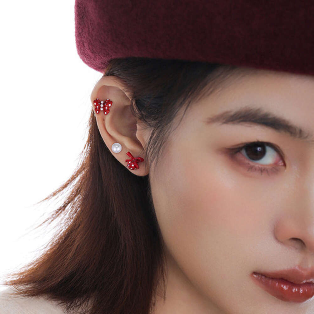 Red Polka Dot Bowknot Combination Ear Bone Cartoon Playful Small Exquisite High-end Feel Cute Stud Earrings for Women