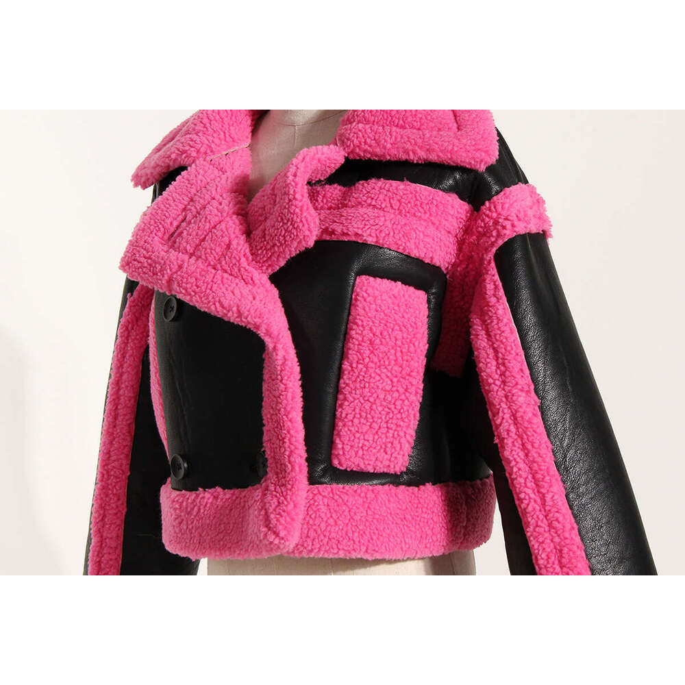 Fashion Fur integrated short jacket women's Lapel Double Breasted Contrast Imitation Leather Patchwork Coat Winter New
