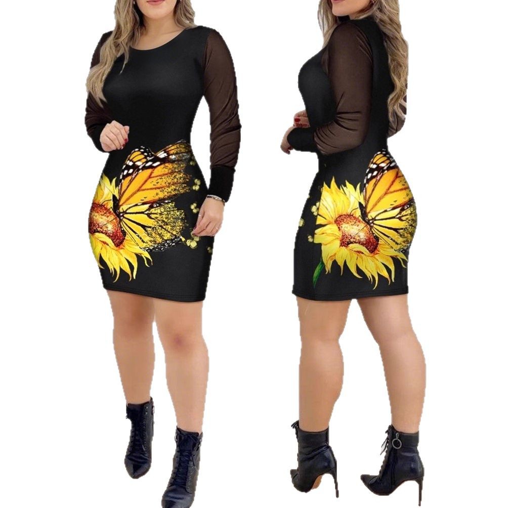 X462Chic Mesh Pattern Slim Fit Women's V-Neck Dress with Extended Length Sleeves for Autumnal Style