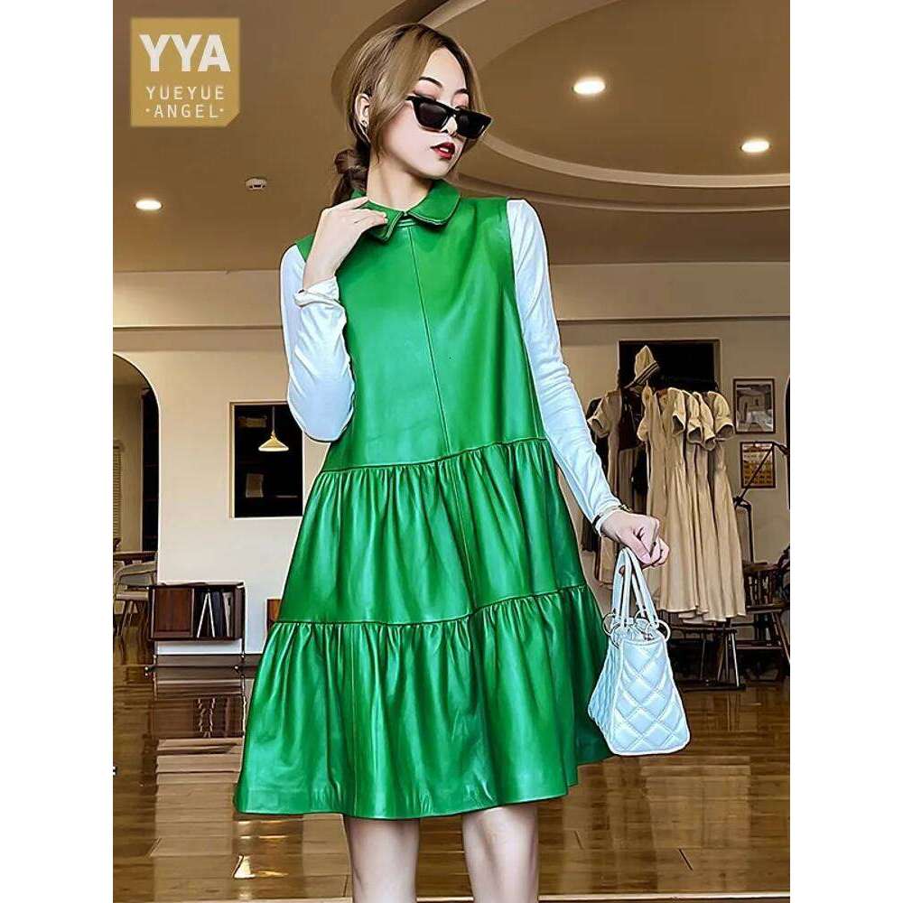 Fashion Spring New Women Sleeveless Sundress Pleated Sheepskin Genuine Leather Dress White Lapel Collar Loose Fit Casual Dresses