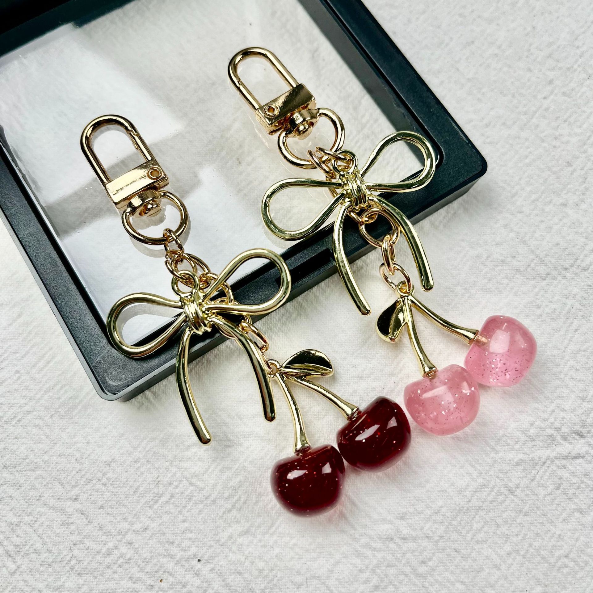 Sparkly Faux Cherry Keychain Creative Fruit Design Bag Charm Stylish Purse Hanging Accessory
