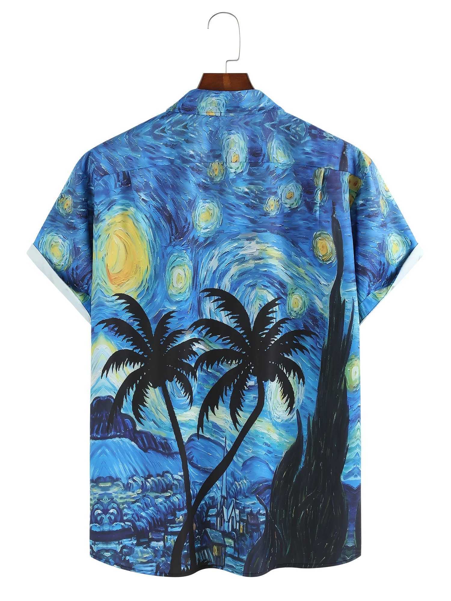 Mens Starry Night Printed Collar Button Casual Short Sleeve Shirt Mens Summer Hawaiian Shirt X250410