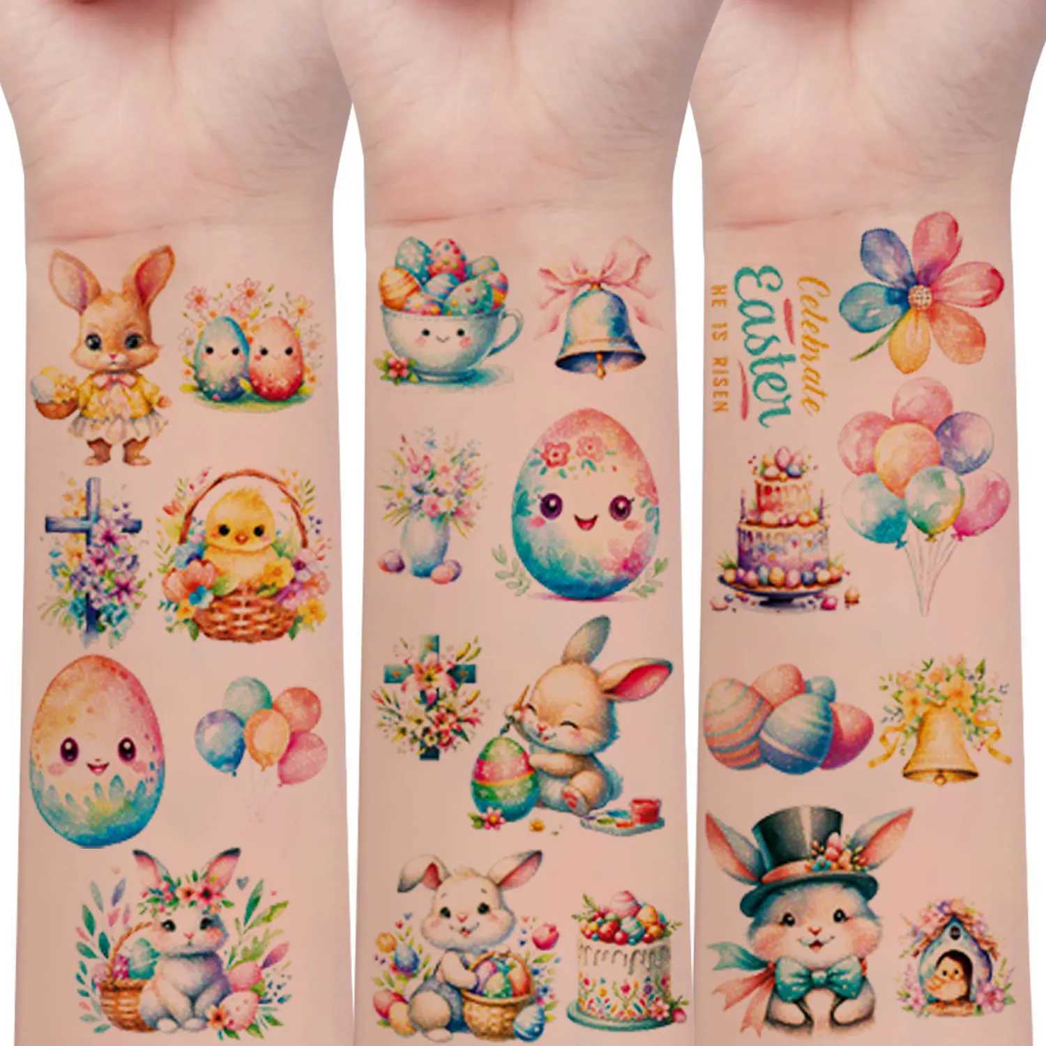 144 cartoon Easter series elements flashing patterns temporary tattoo stickers cute rabbit Easter egg pattern tattoos W250410
