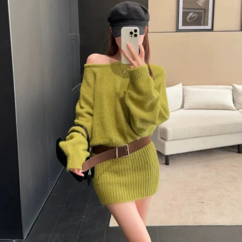 French Sexy Off Shoulder Dresses Women with Belt Irregular Long Sleeve Knitted Dress Autumn Fashion Waist Spicy Girl 251110