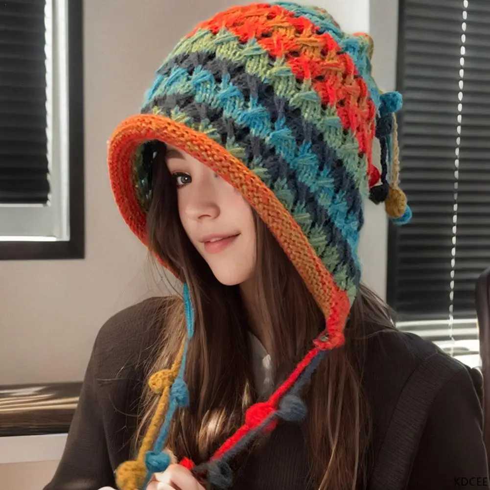 Womens Y2K Kawaii Knitted Hat Contrast Color Tassel Ball Beanie Hats With Ear Flaps Ushanka Warm Cap For Winter FallXJ251110