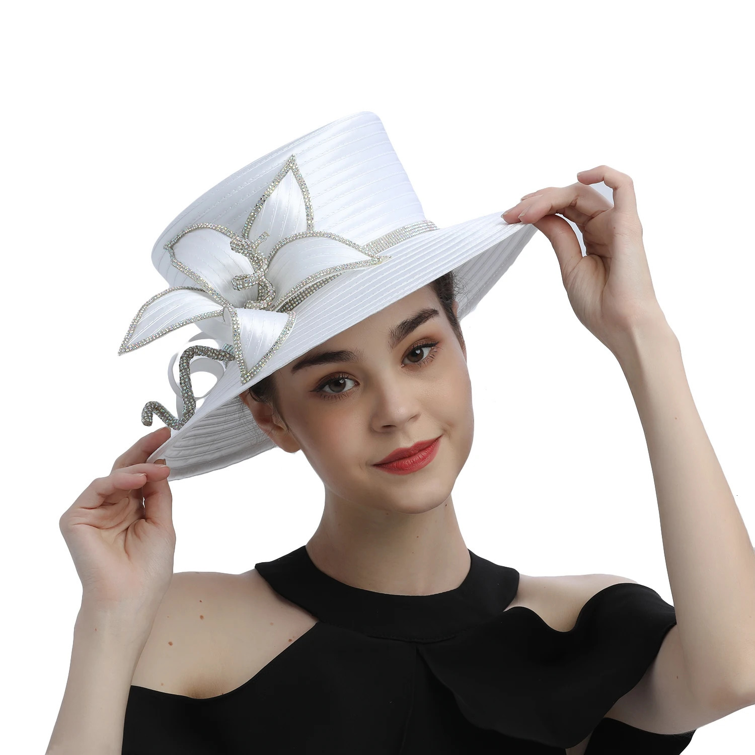 Home>Products>Floral satin fabric rhinestone church hat pography>Fashionable womens banquet 250410