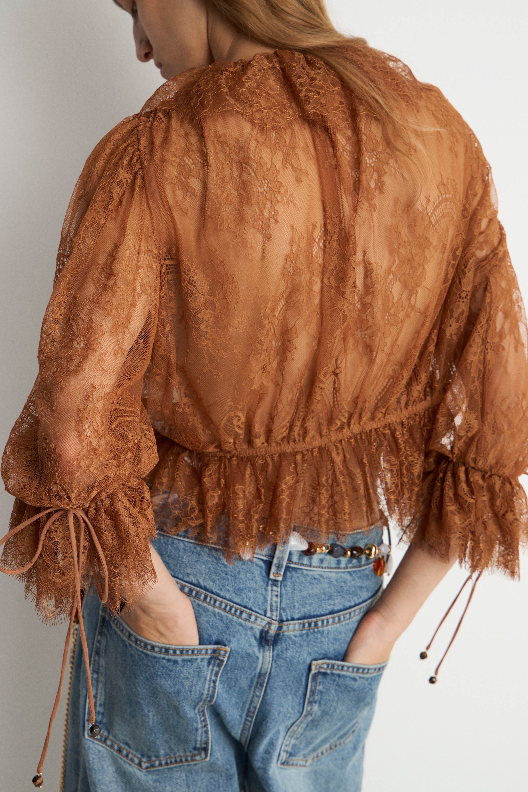 Women's Brown Sheer Lace Floral Blouse, V-Neck Tie Detail Ruffled Sleeve Top