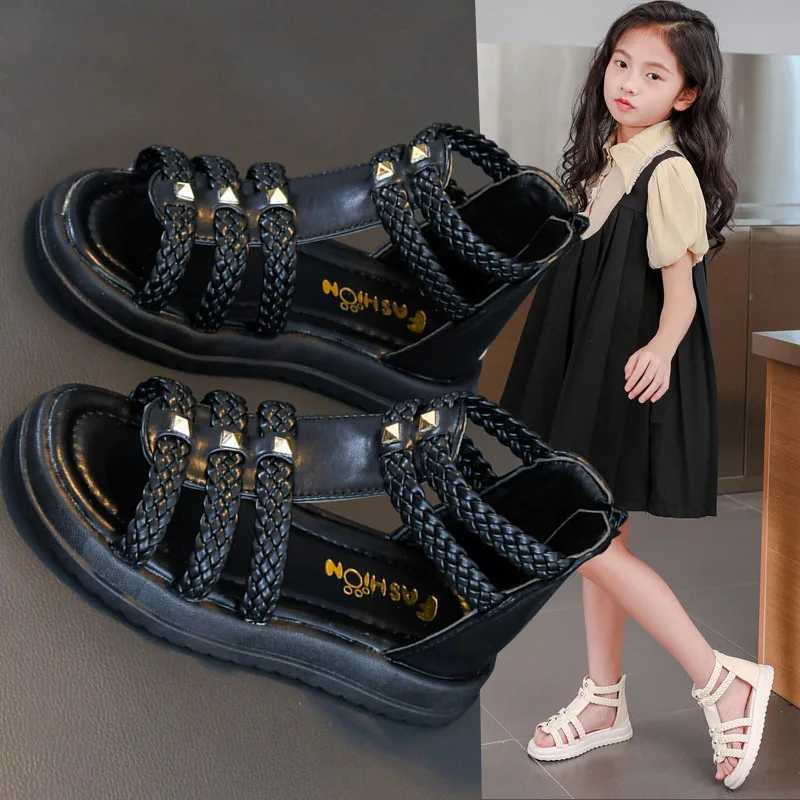 Girls Roman sandals open toe woven solid color high top simple new summer hollow flat casual shoes childrens fashionable casual shoes Z250410