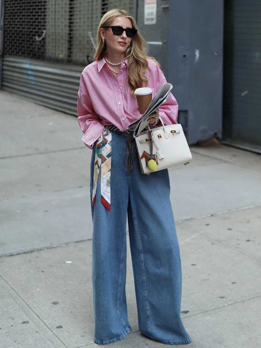 Blubelle Womens New 2025 Autumn Trendy Wide Leg Jeans Loose Straight Leg Floor Length Retro Cotton Jeans C251110