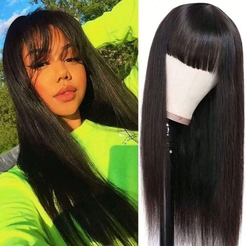 Women's Glueless Straight With Bangs Non-Lace Front, 250% Density Natural Black Hair, Machine-Made Remy Human Wig For Everyday & Special Events -