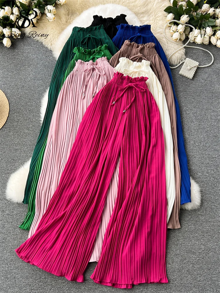 SINGREINY Bandage Basics Casual Pants Women Summer Oversize Draped Wide Legs Pants High Waist Solid Long Pleated Trousers 250409