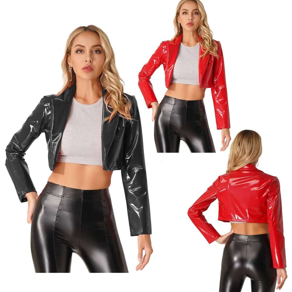 Women's Glossy Wetlook Blazer With Lapels Short Jacket Latex Leather Long Sleeve Cropped Coat Rave Party Clubwear