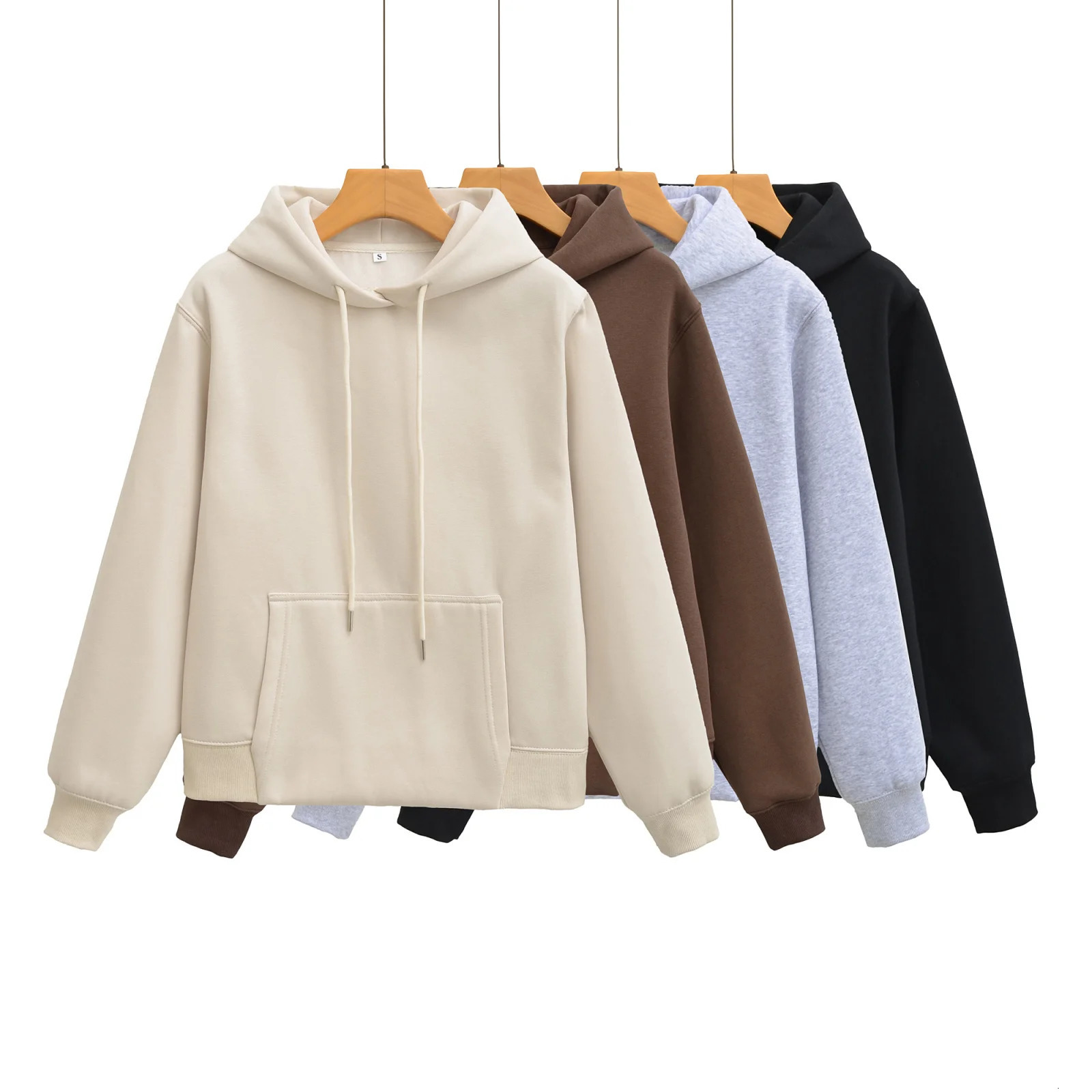 Female Hooded Sweatshirt Front Pocket Casual SweatpantsElastic Waist Pants Autumn Set Solid Beige Fashion High Street 251110