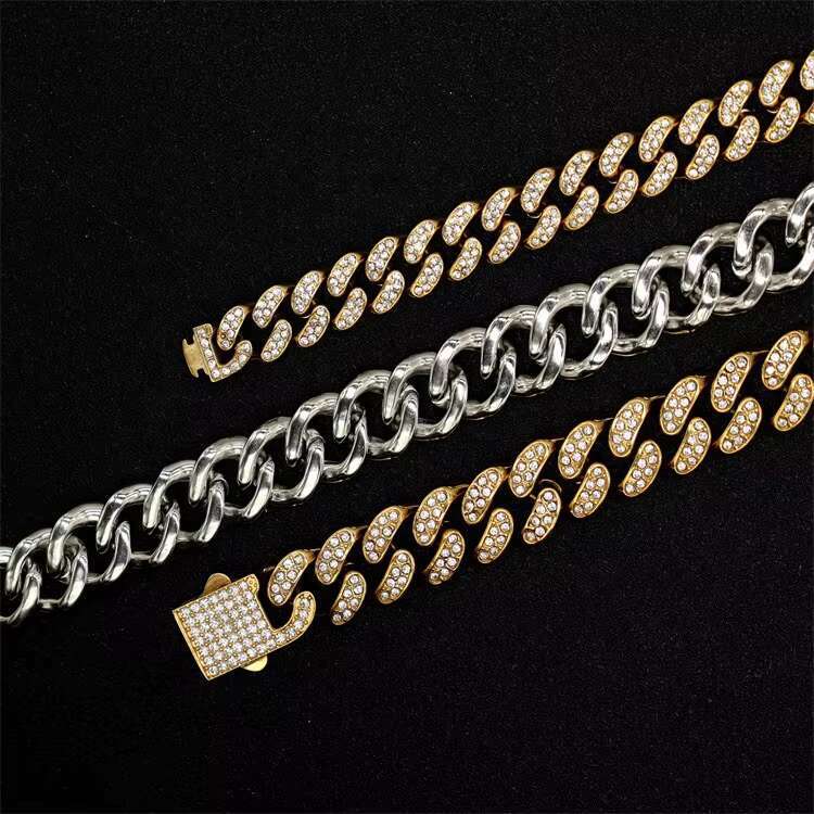 HipHop Heavy Ice Men's Miami Stainless Steel Full Cube Zircon Sier Cuban Chain Jewelry Set