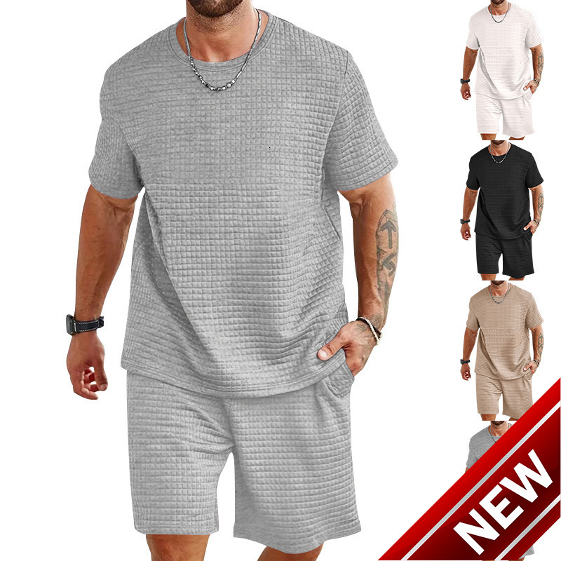 Leisure sports suit summer loose ice silk short sleeved T-shirt mens shorts handsome short sleeved two pieces