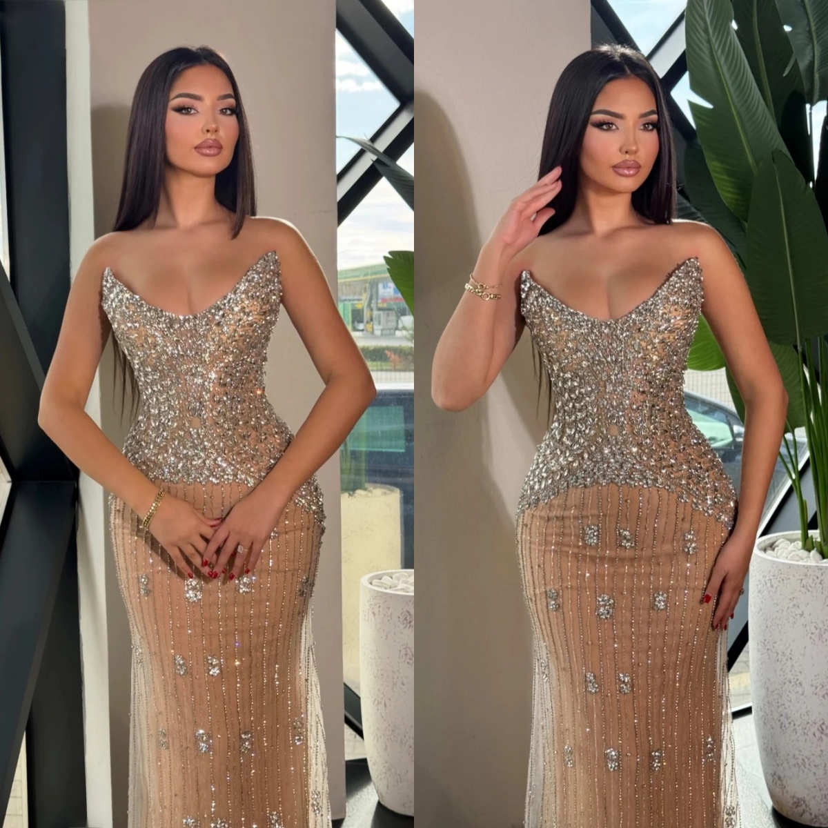 Exquisite Evening Dresses Crystal Strapless Prom Gown Beading Mermaid Sequins Sleeveless Rhinestone Customized Vestidos De Noche Plus Size