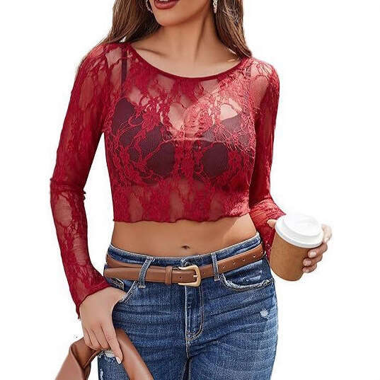 Cross-Border Amazon New Lace Top See-Through Hollow Long Sleeve Round Neck Thin Shirt Mesh Short Style