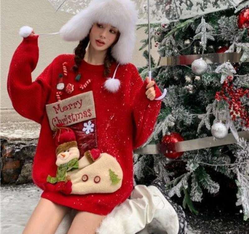 Women's Christmas Red Sweater Cartoon Knitted Festive Pullovers Warm Winter Soft Korean Fashion Slouchy Girls New Designer Sweater Women