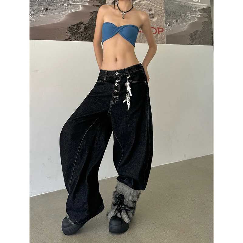 Women Vintage Y2K 2000s High Waist Jeans Korean Oversize Fashion Loose Simple Casual Black Wide Leg Pants Lady Streetwears C251110