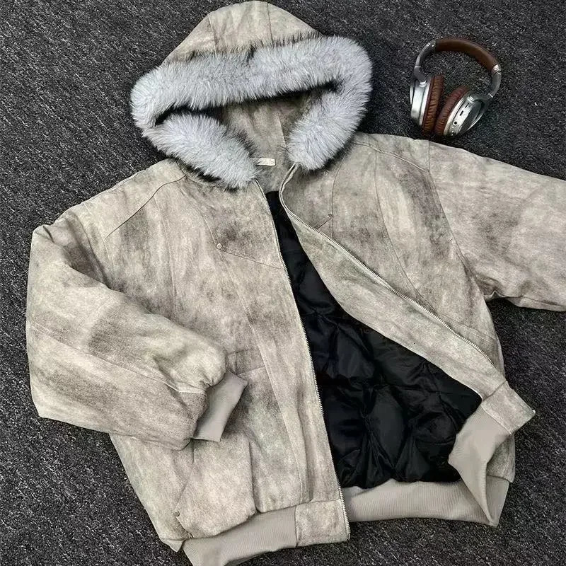 2025 European and American winter thickened fur collar hoodie Y2K couple down cotton warm jacket fashionable and versatile 251105