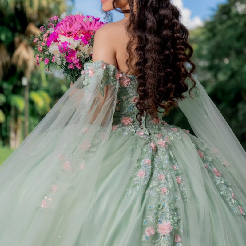 Green Shiny Quinceanera Dresses Off The Shoulder Applique Flower Beading Crystal With Cape Tull Party Birthday Sweet 16 Dress Vestidos 15 Anos