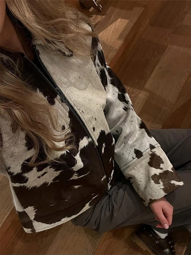 Elegant Print Short Jacket Women Retro Lapel Zippers Long Flare Sleeve Female Outwear Autumn Fashion Lady Streetwear 251103