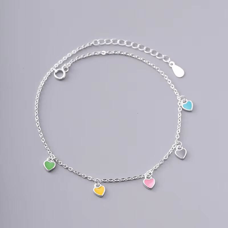 Dainty Small Heart Charm Anklet Colorful Enamel Solid 925 Sterling Silver Anklet