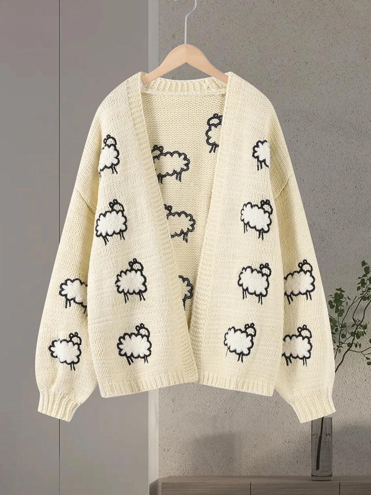 Lantern Sleeve Embroidered Sheep Loose Women Cardigan VNeck Chunky Knit Autumn Playful Cute Coat Causal Chic Lady Sweater 251103