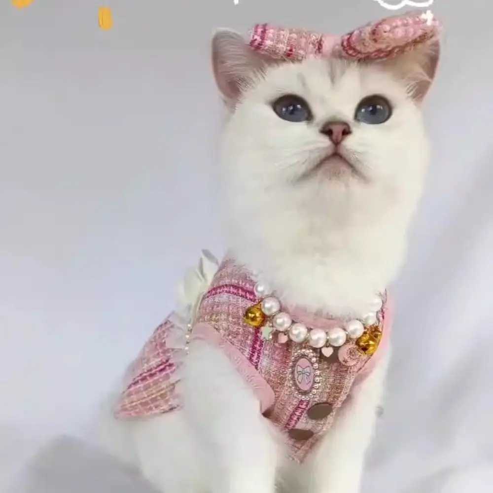 Fashion Cute Puppy Plaid Dress Soft Thin Design Cat Bow Pearl Coat Breathable Pet Skirt Autumn Winter J251110