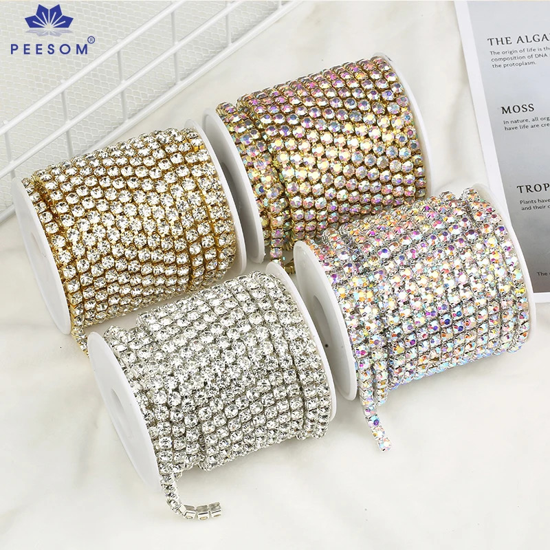 PEESOM 5mm/6mm large size A silver/gold AB crystal rhinestone cup chain decoration SS24/SS28 dense rhinestone chain DIY sewing decoration 250409