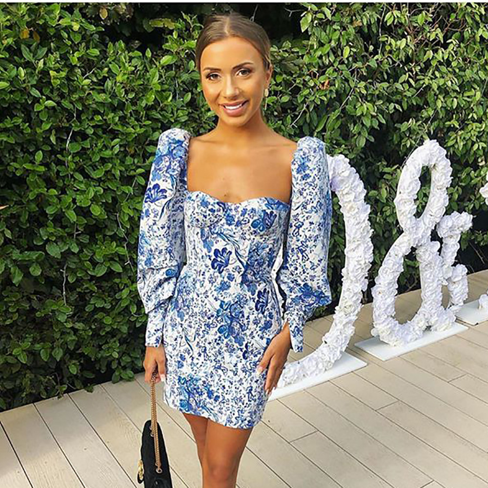 New Hot Selling Fashion Print Bubble Sleeve Chest Wrap Hip Slim Fit Dress