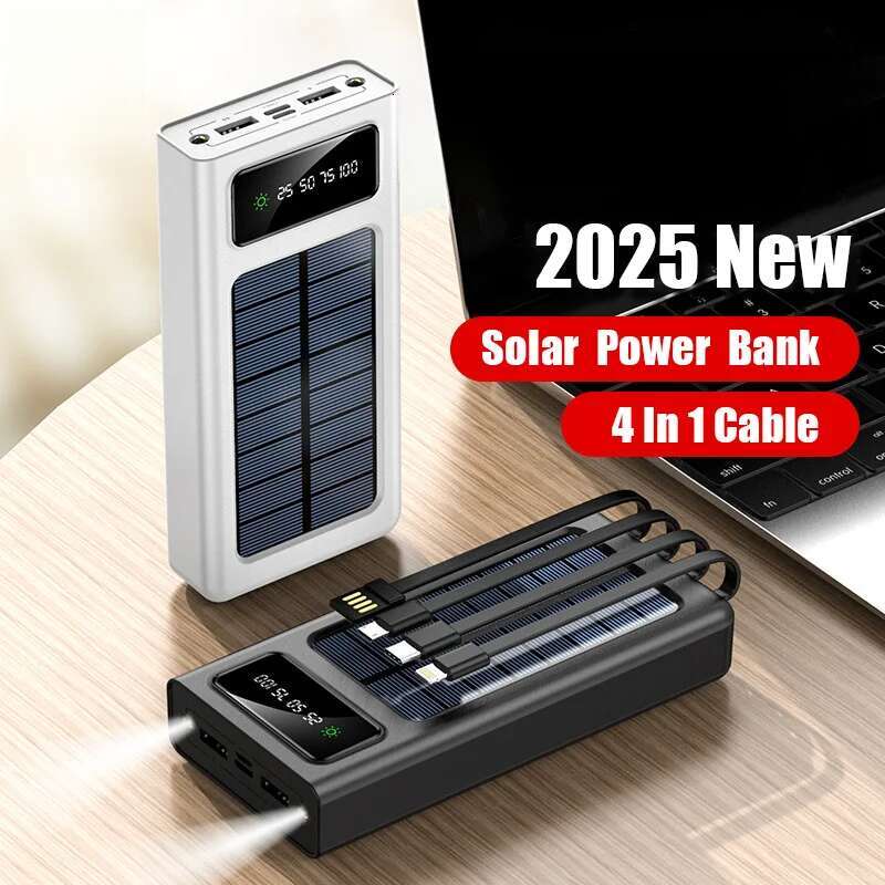 2000000mAh Solar Portable 4 Built-in Cables External Battery LED Light Power Bank For Xiaomi Samsung