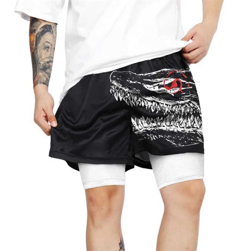 Mens 2-in-1 Running Shorts Anime Graphic Sports Gym Exercise Shorts with Compression Inner Pocket for Summer Quick Drying and Stretching W250410