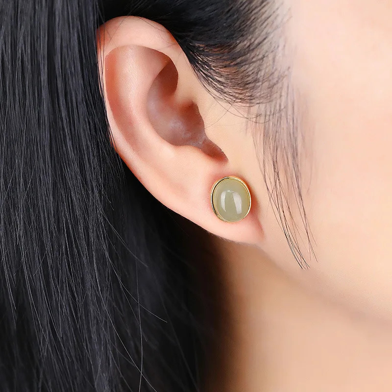 S925 pure silver inlaid with natural Hetian jade earrings with a simple gold-plated retro earring surface fully matched 250407