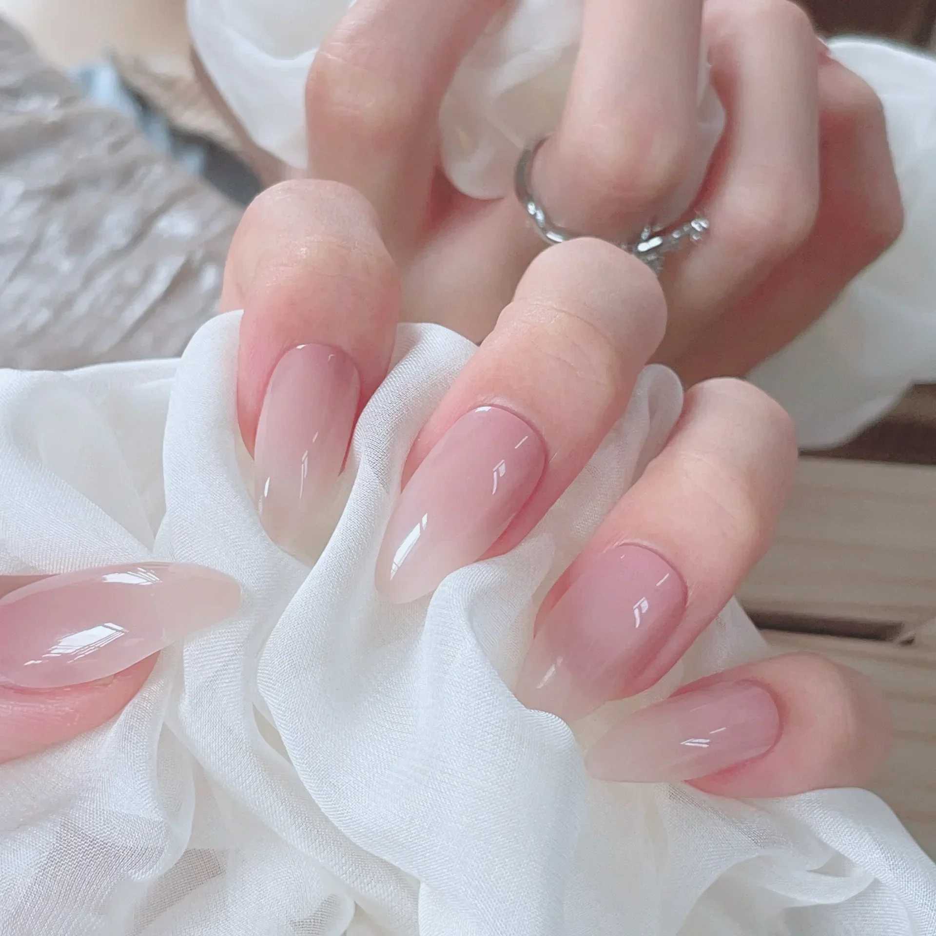 24pcs Orange Gradient Almond Fake Nail Detachable Simple Solid Color Pressing Fake Nail Tip with Glue Long y2k Pink Nail W250410