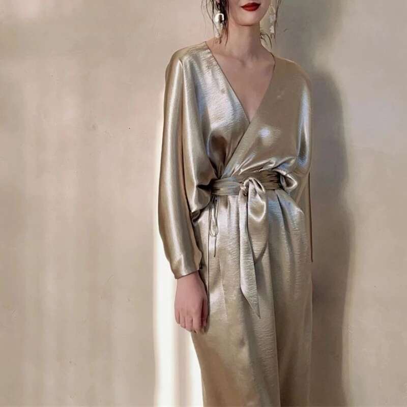 Shiny Satin Women Glossy Long Sleeve V Neck Sexy Evening Wrap Dress Female Elegant Party Club Gold Robe With Belt