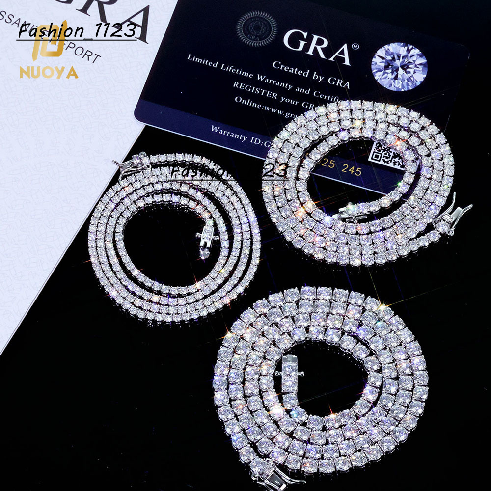 NUOYA Hip Hop Jewelry 925 Silver VVS Moissanite Tennis Chain Necklace 2/3/4 MM Iced Out Diamond Tennis Chain Pass Diamond Test