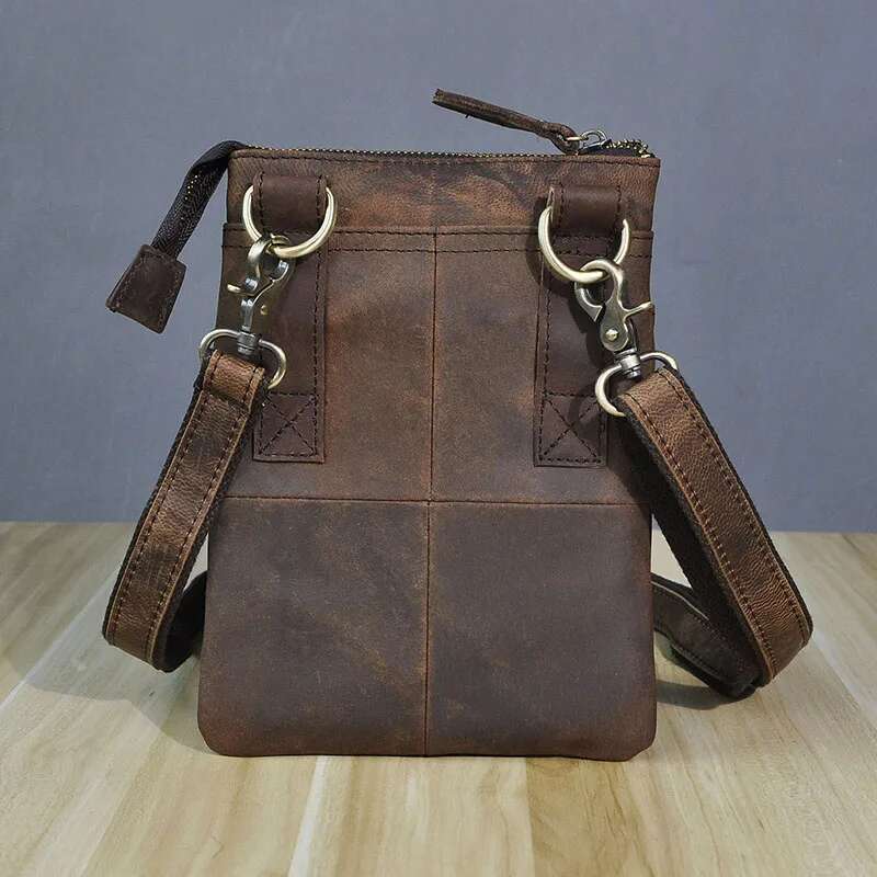 Top Quality Crazy Horse Leather Male Casual Design One Shoulder Messenger Bag Fashion 8" Satchel Summer Small Phone Bag 6553