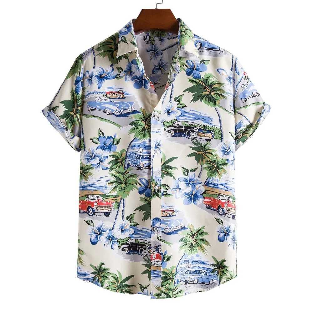 Summer Mens Fashion Hawaiian Collar Shirt Plant Flower Design Short Sleeve Button Top Seaside Top X250410