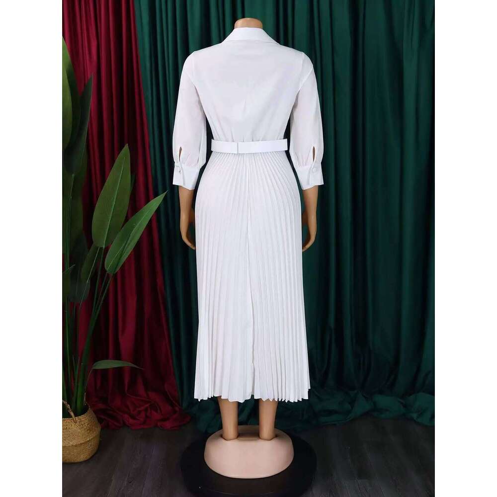 2024 Autumn Solid Matching Belt V-Neck Women Fashion Commuting Slim Fit Mid Length Elegant Style Dress Spring Plus Size