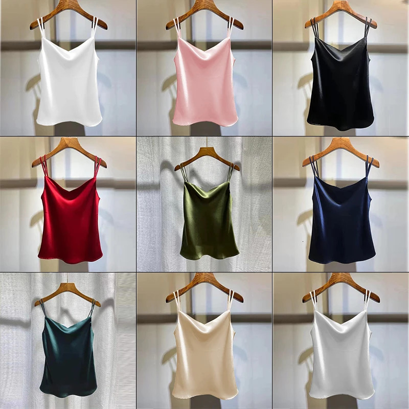 Womens silk vest casual V-neck sexy solid color satin womens chiffon sleeveless vest backless vest 250410