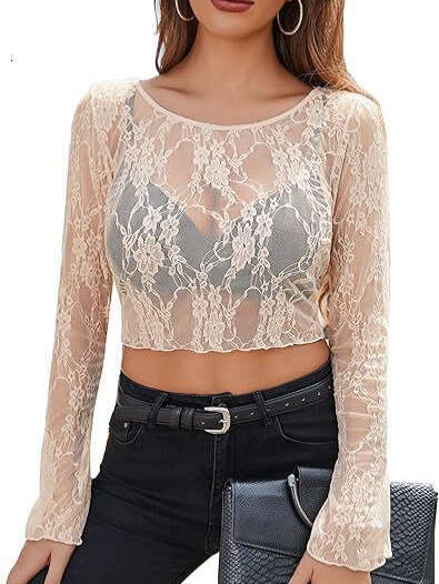 Cross-Border Amazon New Lace Top See-Through Hollow Long Sleeve Round Neck Thin Shirt Mesh Short Style