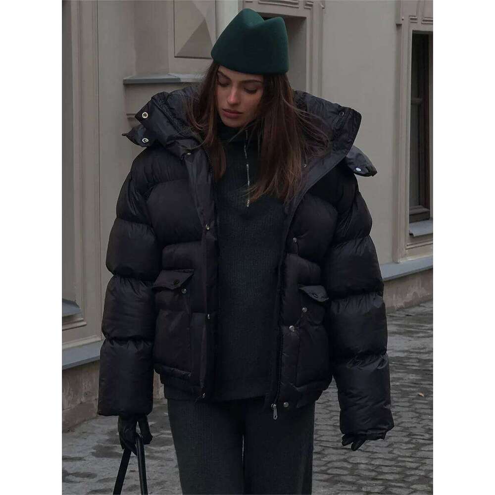 Blubelle Women's New Winter Black Parkas Fashionably Simple Cotton Padded Jacket Square Pocket Warm Hooded Outerwear