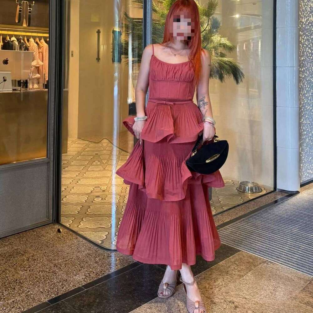 Autumn New Casual Style Women Wearing Dot Print Shirred Elastic Across Back Pleated Tiered Midi Dress Hot Sale