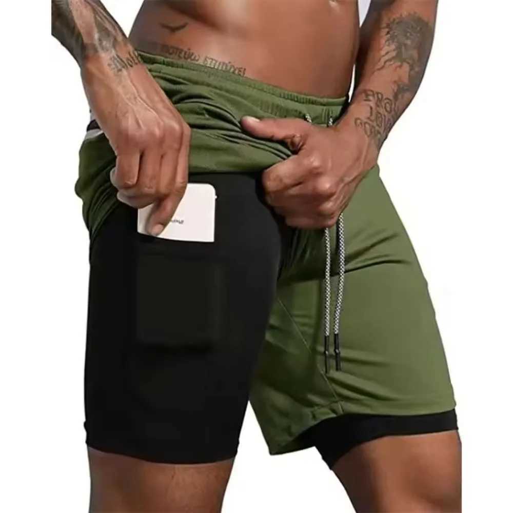 Mens fitness built-in pocket sports shorts summer 2-in-1 quick drying gym beach shorts running double-layer mesh shorts X250410