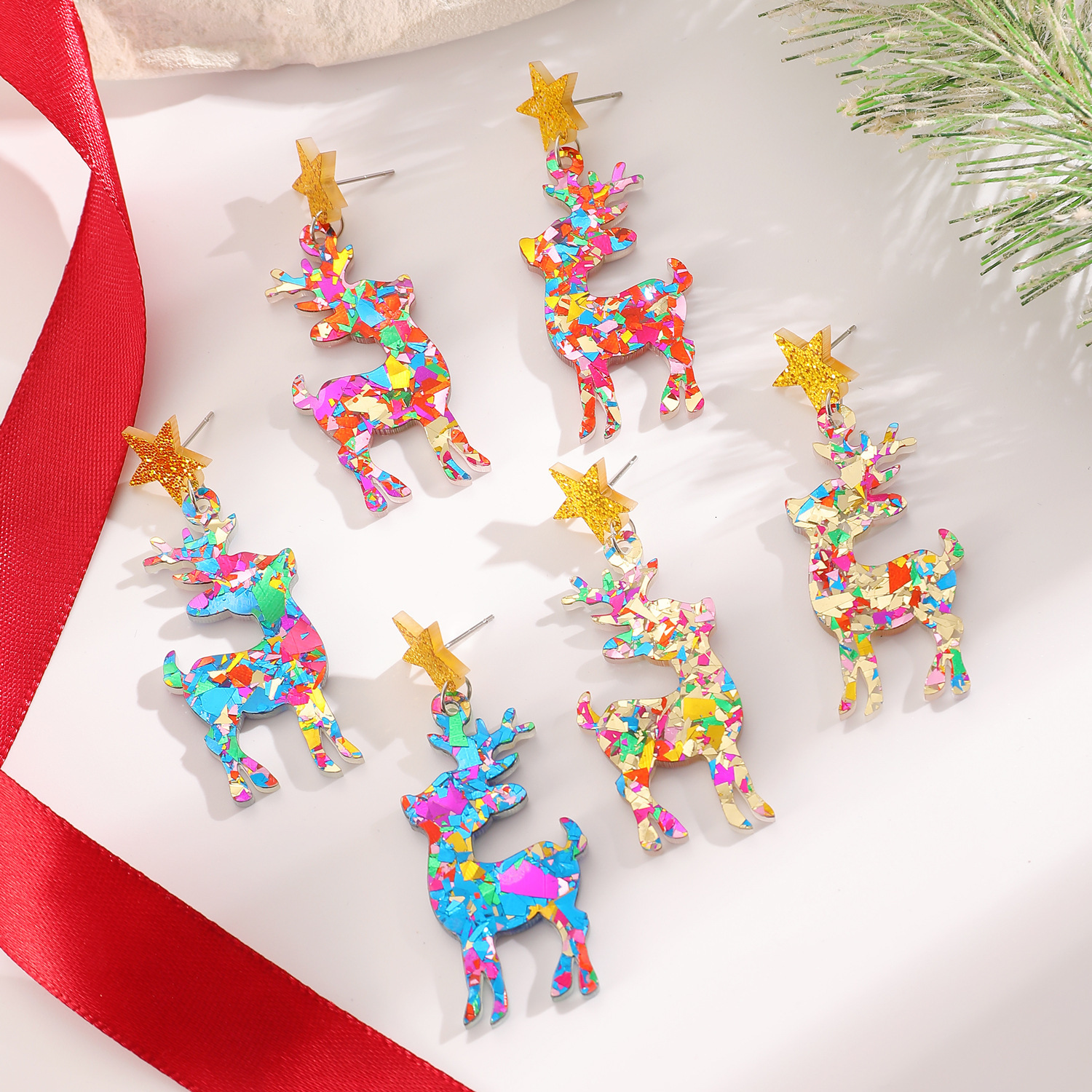 Acrylic Sequin Reindeer Deer Animal Pentagram Earrings Christmas Ear Accessories