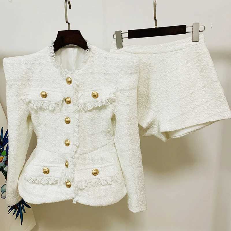 HIGH STREET 2025 New Designer Runway Suit Set Womens Gold Buttons Tweed Jacket Shorts Set W251110