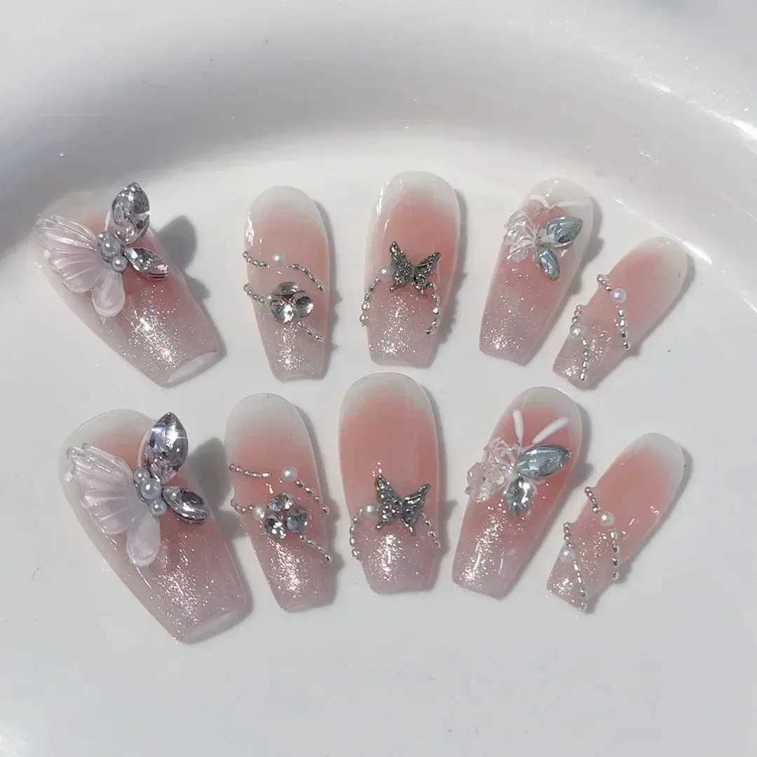 0Pcs Blue Handmade Acrylic Nail Set Pressure Machine Professional Full Set Nail Tip Manual Operation Angel Rose Design Wearable Fake Nails W250410