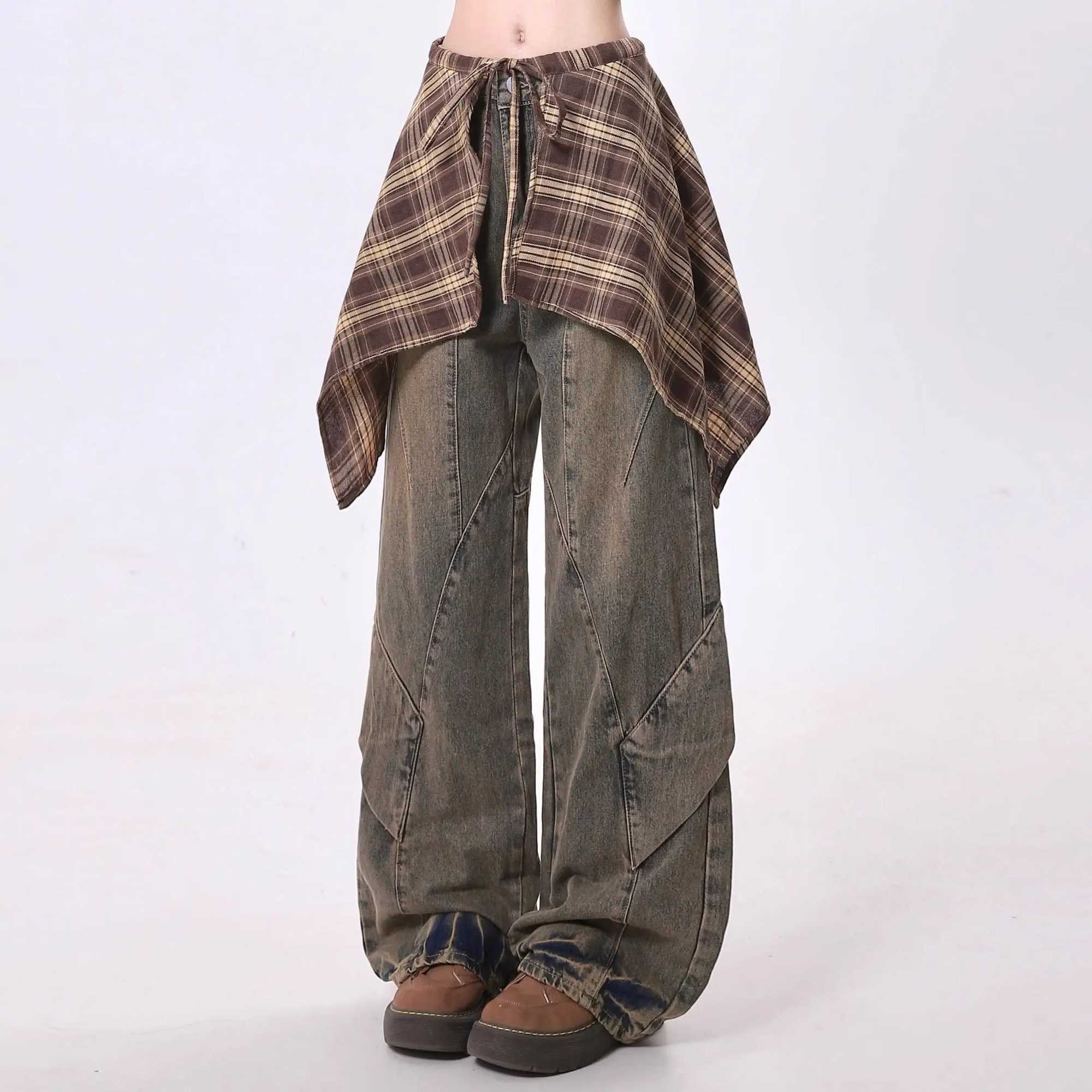 American Vintage Jeans for Women Fake Two Pieces with Skirt Autumn New Loose Spicy Girl Streetwear Straight Wide Leg Pants C251110